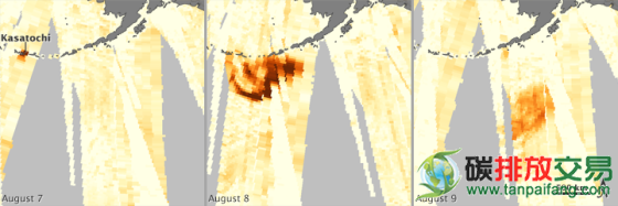 第一幅图显示了2008年8月阿留申群岛东南部上空的气溶胶粒子浓度。