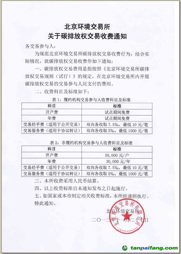 在北京环境交易所进行碳排放权交易如何收取多少手续费/笔的价格单以及开户费